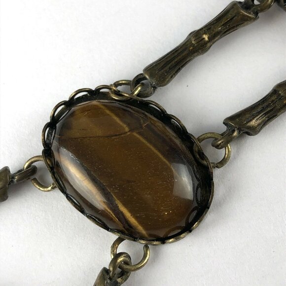 Vintage Brass Tone Necklace 30" Triple Tiger's Eye Stone - Picture 4 of 6